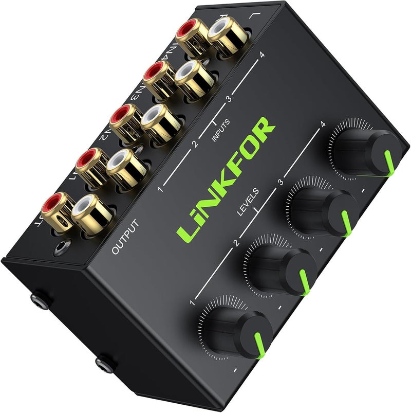 LiNKFOR 4 Channel Stereo Audio Mixer CX400 Metal Shell Support RCA Input and Output Mini Passive Stereo Mixer with Separate Volume Controls - Image 1
